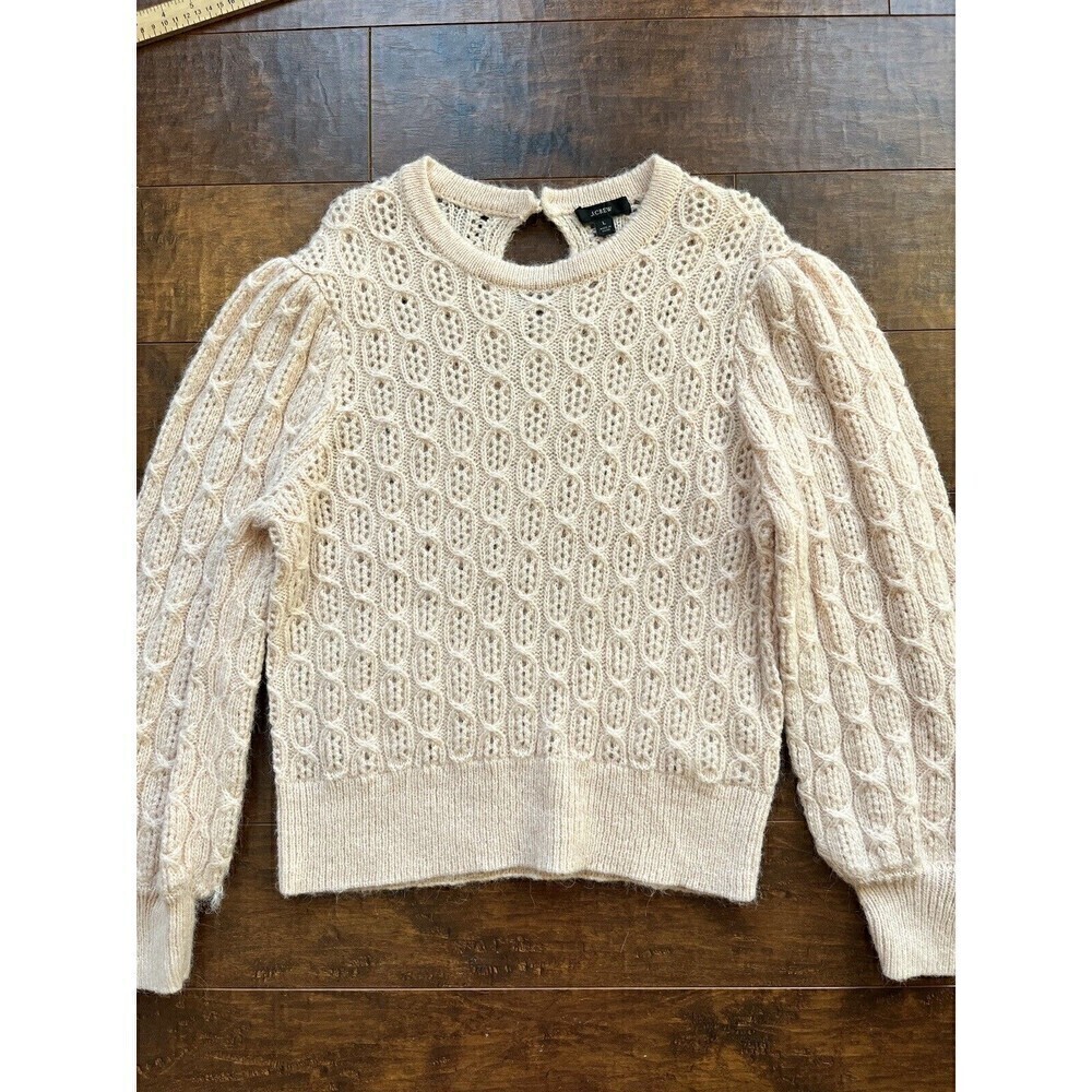 J. Crew Ballon Sleeve Pink Pale Cable Knit Sweater Alpaca Blend Size LARGE